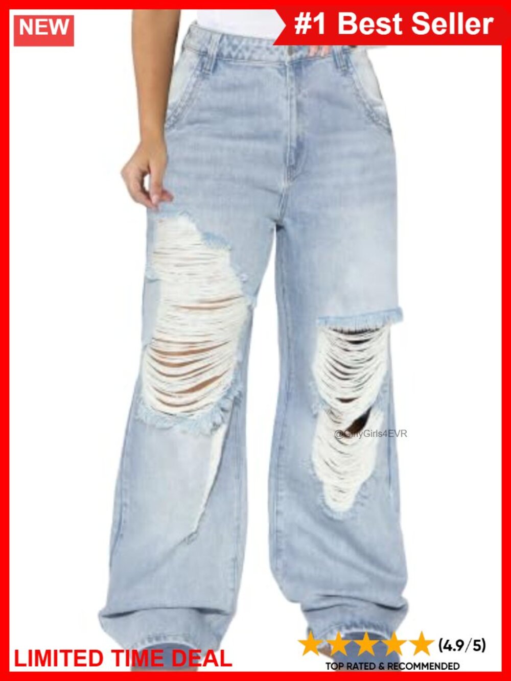Wide Leg Ripped Distressed Retro Denim Jeans Baggy Fit Frayed Hem